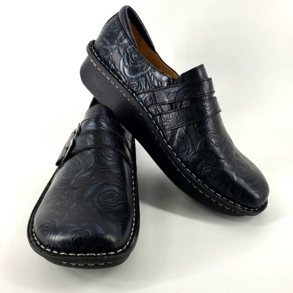Alegria by PG Lite EU41/ US 9.5 Black Leather Silver Rose Embossed Mules Clogs - Picture 7 of 10